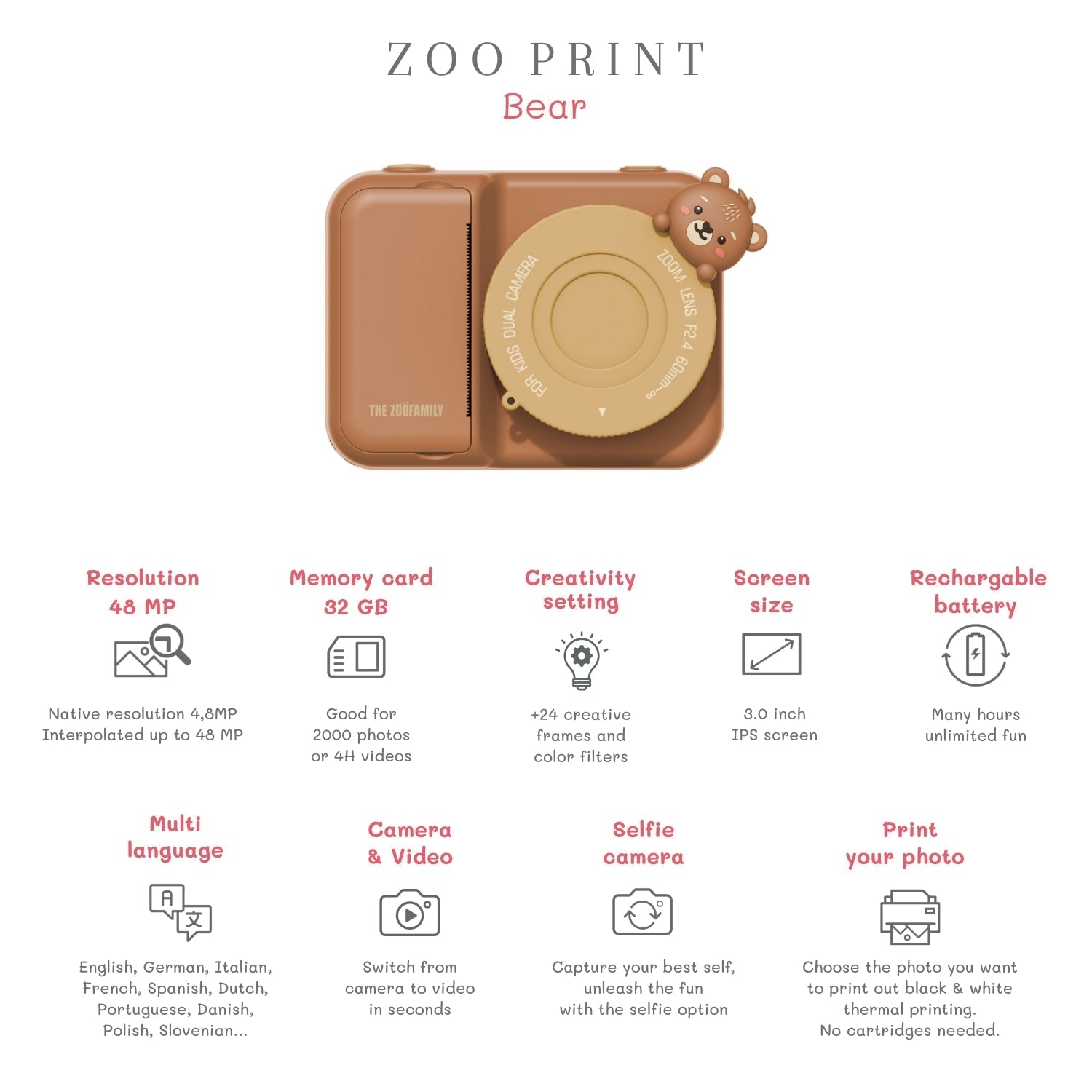 Dětský digitální foťák s tiskem fotek ZOOFAMILY Zoo Print Bear | Lavly.cz