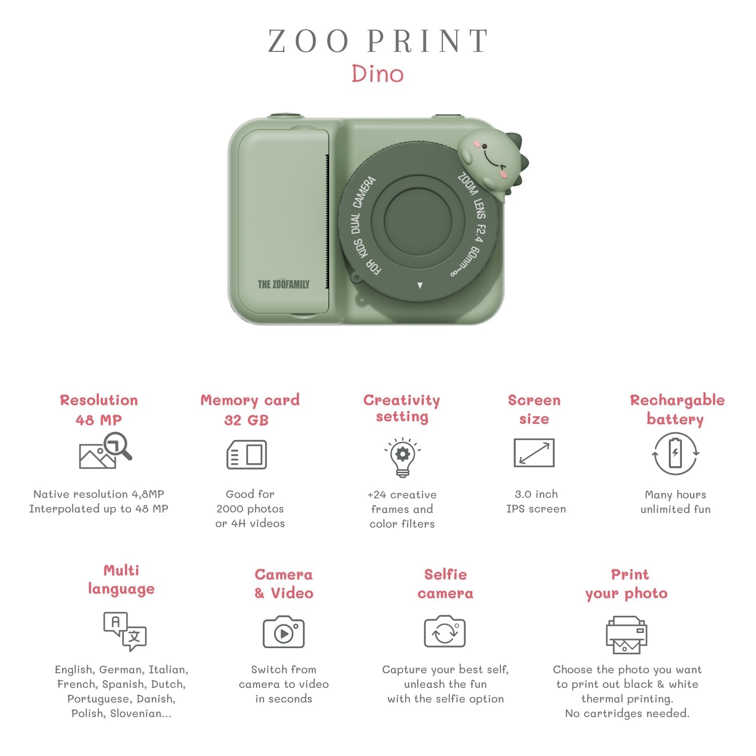 Dětský digitální foťák s tiskem fotek ZOOFAMILY Zoo Print Dino Green | Stylové doplňky pro děti a ženy | Lavly.cz