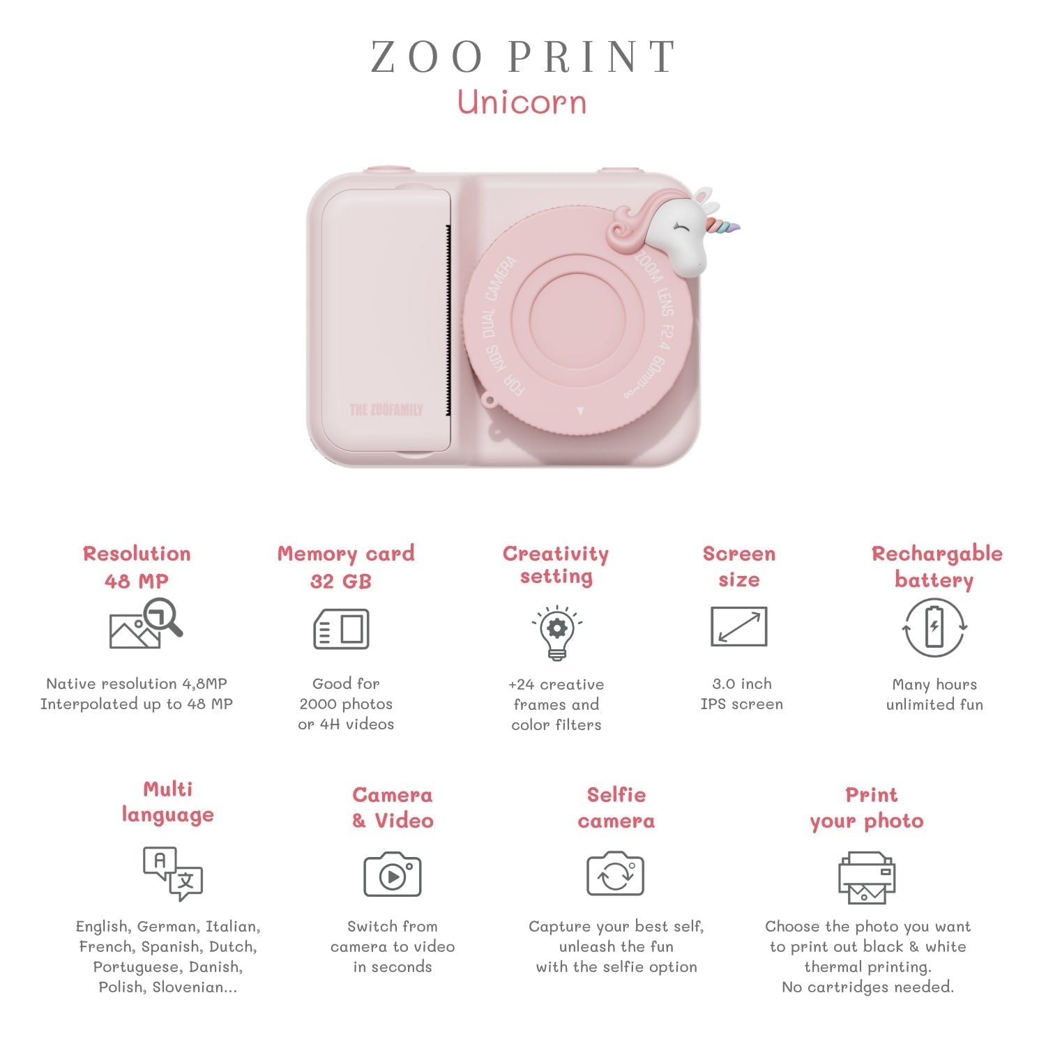 Dětský digitální foťák s tiskem fotek ZOOFAMILY Zoo Print Unicorn | Stylové doplňky pro děti a ženy | Lavly.cz