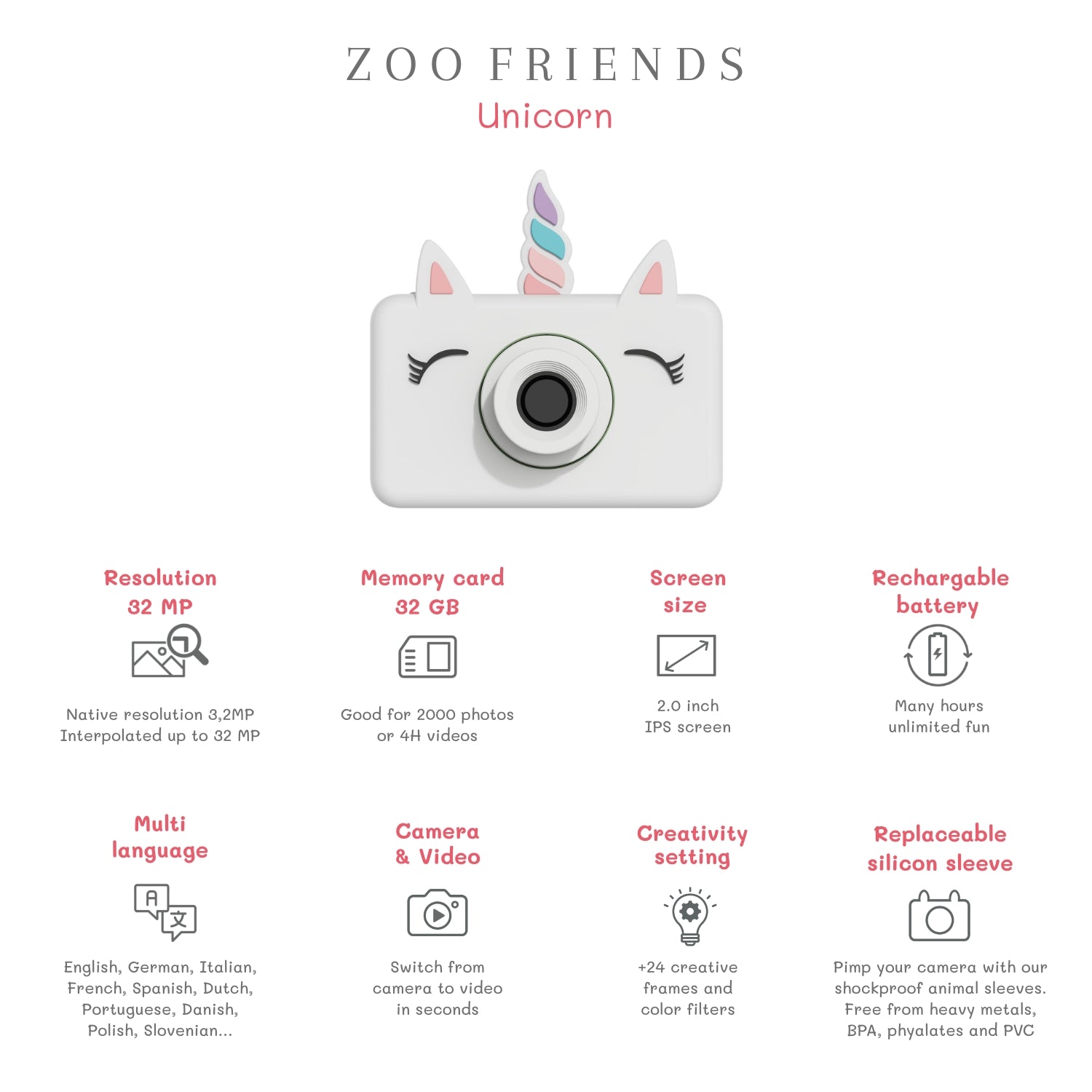 Dětský digitální foťák ZOOFAMILY Zoofriends Unicorn | Stylové doplňky pro děti a ženy | Lavly.cz
