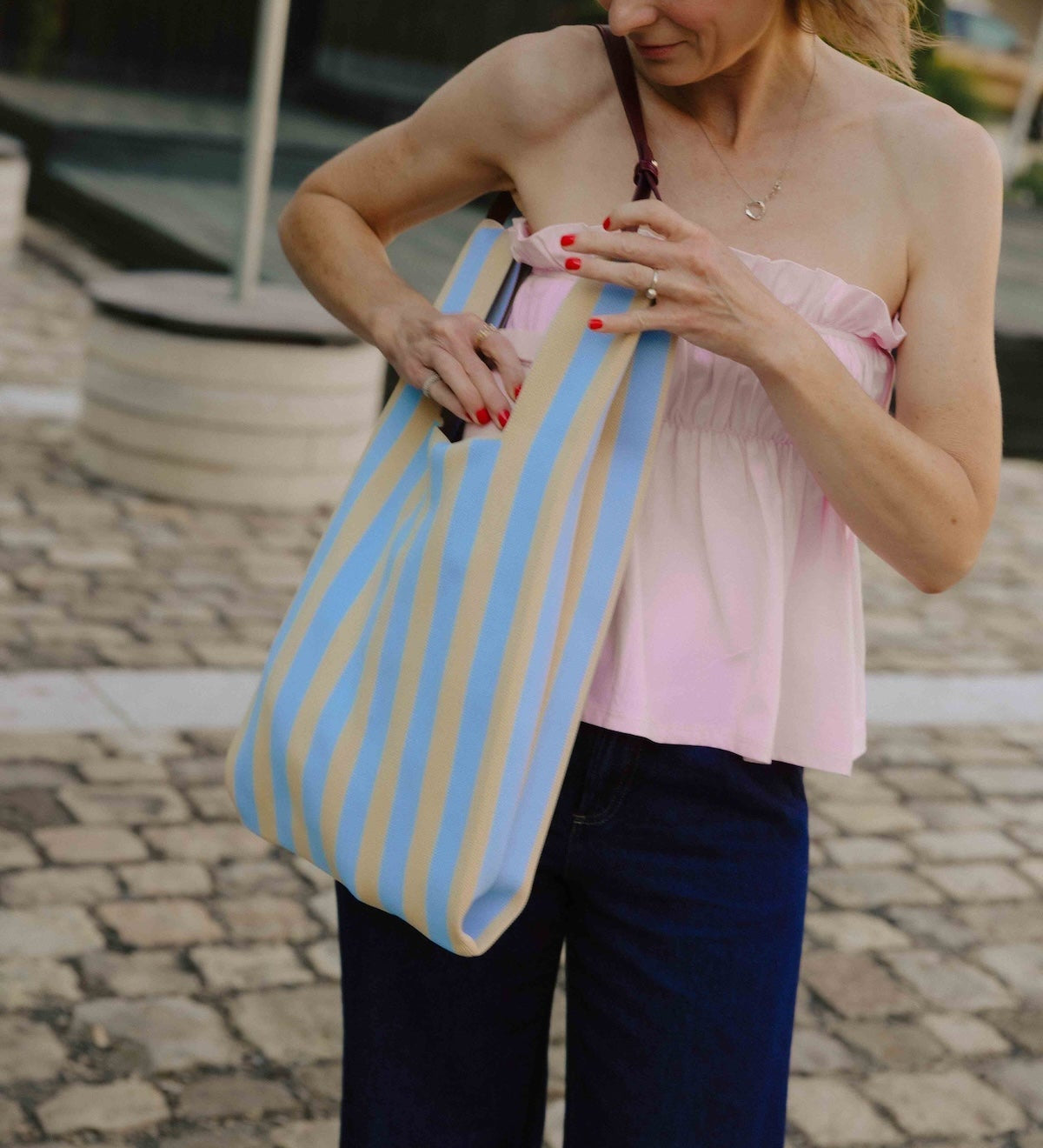 Taška THE STICKY SIS CLUB Knitted Stripes Marzipan + Sky | Lavly.cz