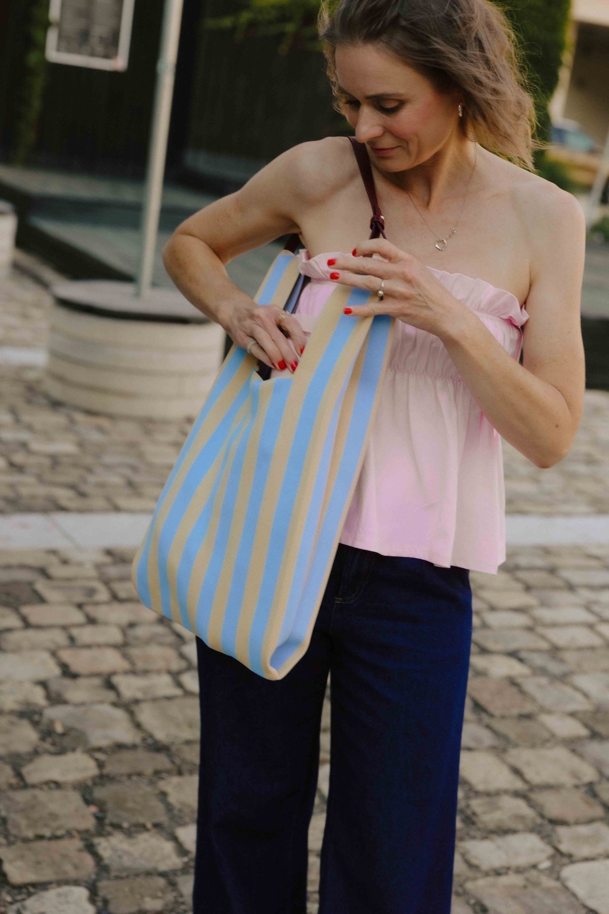 Taška THE STICKY SIS CLUB Knitted Stripes Marzipan + Sky | Lavly.cz
